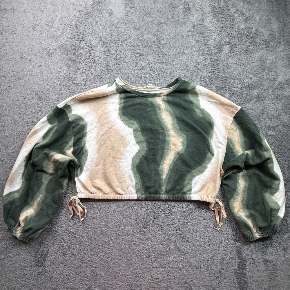 Open Edit Womens Crop Tie Dye Sweater L Terry Knit Pullover Puff Sleeve Boho